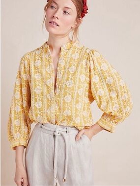 Pilcro And The Letterpress Anthropologie Embroidered Roses Yellow Blouse Small